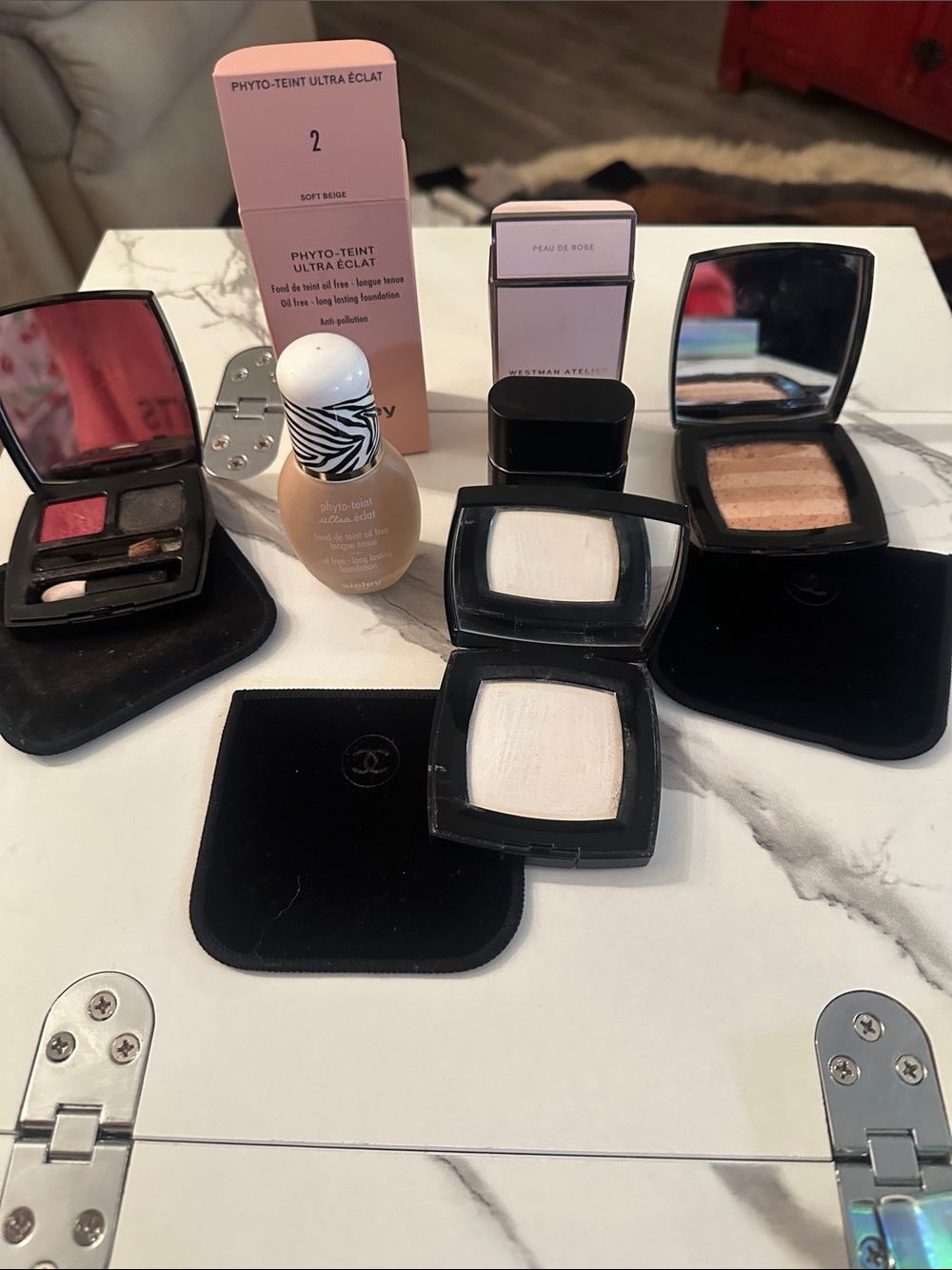 CHANEL Compact Powder Duo in White & Black Cases with Assorted Makeup